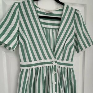 Green and White Striped Button-Down Dress